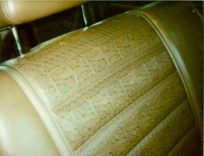 1970 Chrysler Newport Cordoba standard seat upholstery with Aztec Eagle pattern, front seat shown.