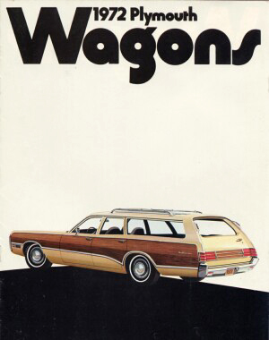 Cover of the 1972 Plymouth station wagon catalog showing rear of 1972 Fury Sport Suburban